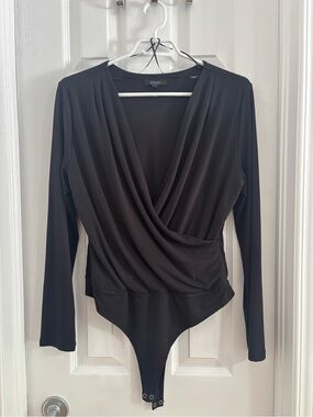 Eclipse Black Long-Sleeve Wrap-Front Bodysuit